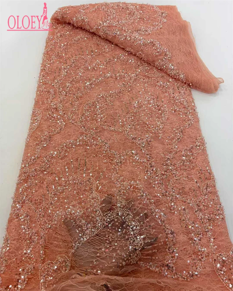 OLOEY Kain Renda Jala Afrika Nigeria Berkualitas Tinggi Dengan Payet Buatan Tangan Kain Renda Berhias Manik-Manik Berat Untuk Gaun Pesta Manik-Manik 5 Yard
