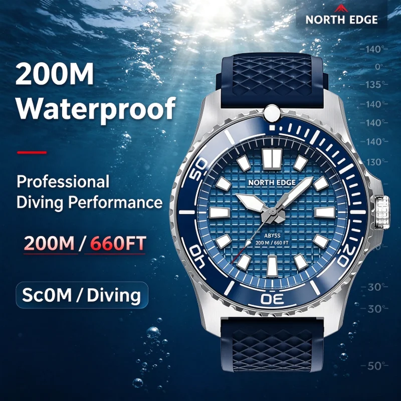 NORTH EDGE ABYSS Men Luxury Solar Quartz Dive Watch 316L Steel 200M Waterproof 180+ Days Long Power Luminous Sports Wristwatch