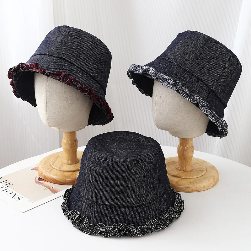 Autumn Winter Hats Women Vintage Bucket Hat Plaid Brim Cloth Korean Style Foldable Fisherman Cap