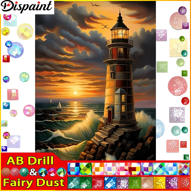 

Dispaint Fairy Dust AB DIY 5D Diamond Painting"Lighthouse Sunset"Full Diamond Embroidery Sale Picture Of Rhinestones For Festiv