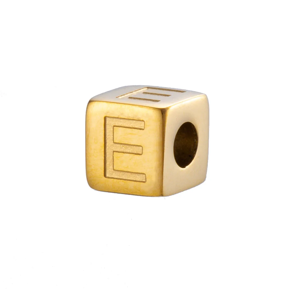 GD Square Cube Stainless Steel Round Hole Slider Bead Stamped 4 Sides Engraved Capital Letter Cube Charm DIY Jewelry