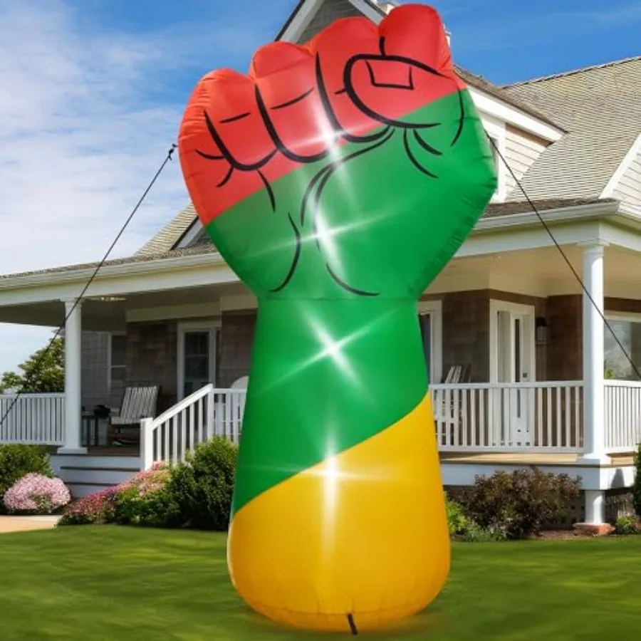 

Juneteenth party inflatable decor: 9 FT black freedom fist shape, pre-lit, outdoor use, durable PVC material, bold black color,
