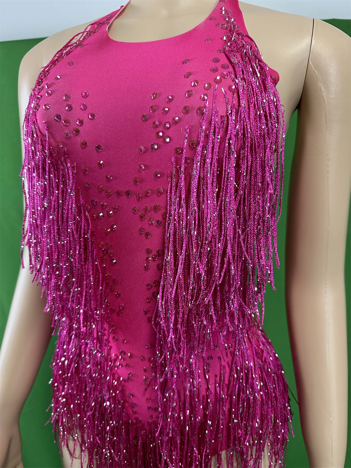 Latin Dance Rose Red Bodysuits Women Rhinestone Fringe Body Suits Backless DJ DS Gogo Drag Queen Outfit Tassel Performance