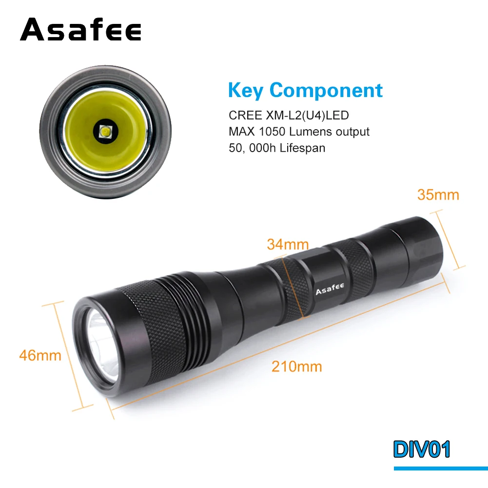 Asafee DIV01 Professional Scuba Dive Light 1200LM Underwater Waterproof Torch Lamp SST40 LED Dive Scuba Diving Flashlight