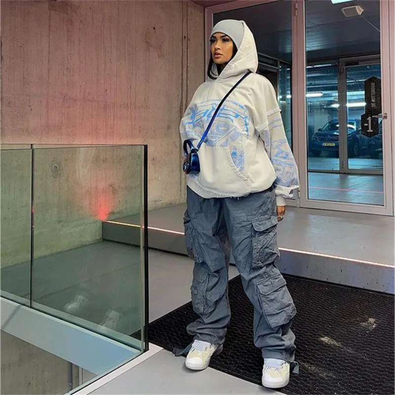 كنزات بغطاء رأس مع طباعة حروف للنساء ، كنزة رياضية وسراويل ، كنزة صوفية بانك ، كم طويل ، جيب ، كنزة رياضية هيب هوب ، معطف هاراجاكا ، بانك ، Y2K #5