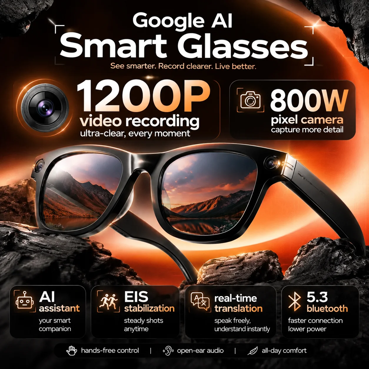 2026 Smart Camera Glasses 8MP Photo 1200P Video Recording AI Object Recognition Translation WiFi Transfer Dual Mic ENC Bluetooth
