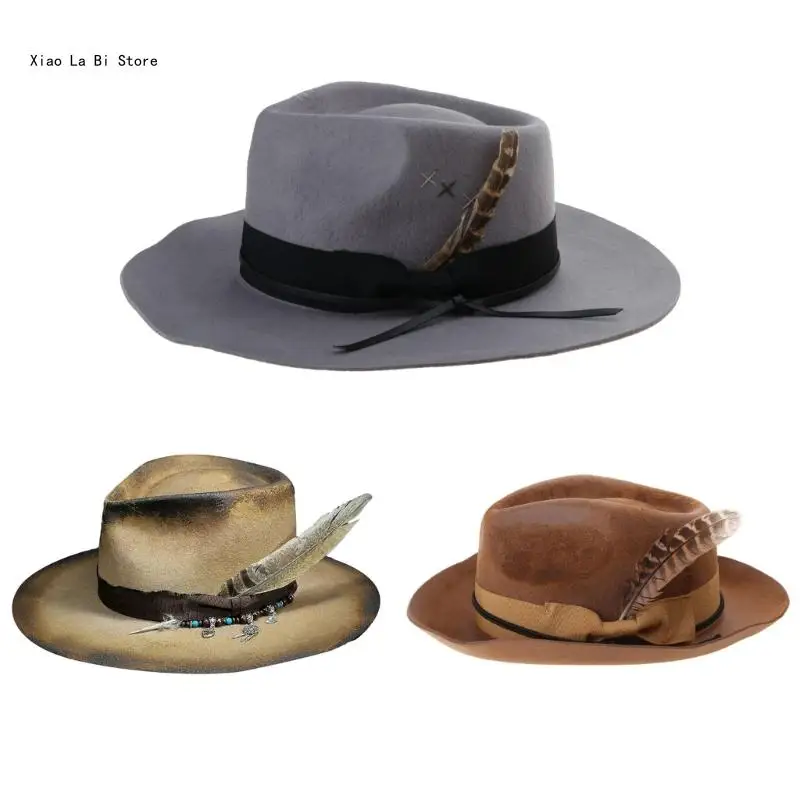 Distressed Gentleman Hat Outdoor Flat Top Fedoras Hat for Teens Carnivals Party XXFD