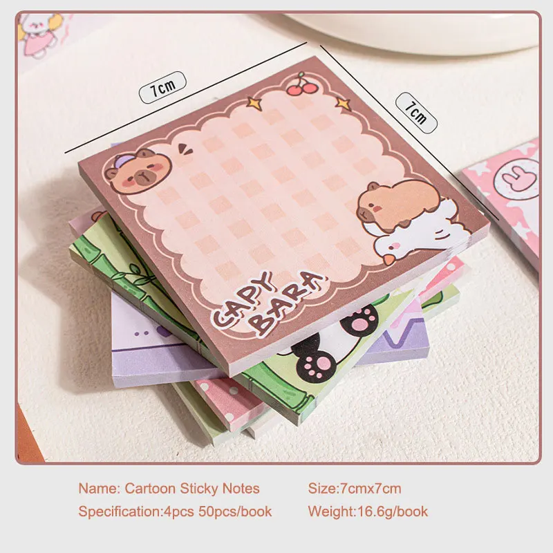 Square Cartoon Sticky Notes Set, Student Memo Pads, Tearable e Sticky Notebook, 4x50Pcs