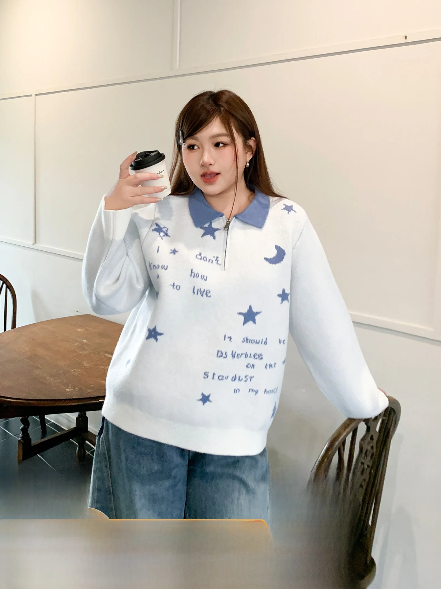 

Вязаный топ YUZI Fi Roe с вышивкой звездами, свободного кроя, в стиле колор-блок, зимний, женский, модный, с длинными рукавами, на молнии