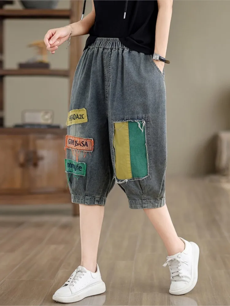 Jeans Oversized Spring Summer Denim Mini Pant Women Embroidery Modis Casual Loose Ladies Trousers Elastic High Waist Woman Pants