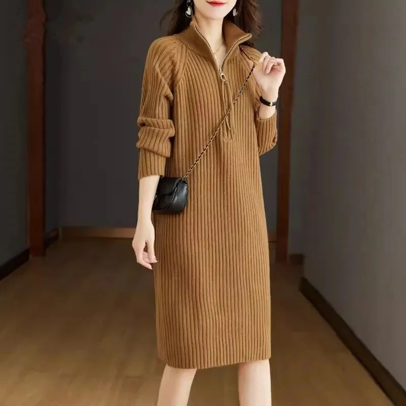 2024 Autumn/Winter New Large Knitted Dress Medium length Half Zipper Solid color Loose Casual Long Sleeve Dress Women\'s Trendy