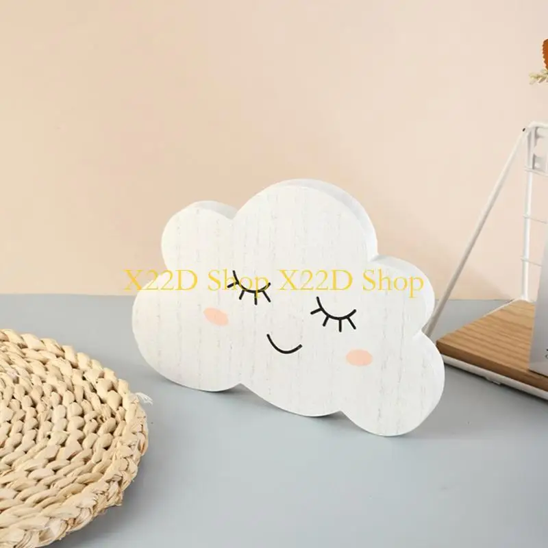 X22D Two-Piece Wooden Moon and Cloud Decorations Set for Nursery Desk Shelf Display