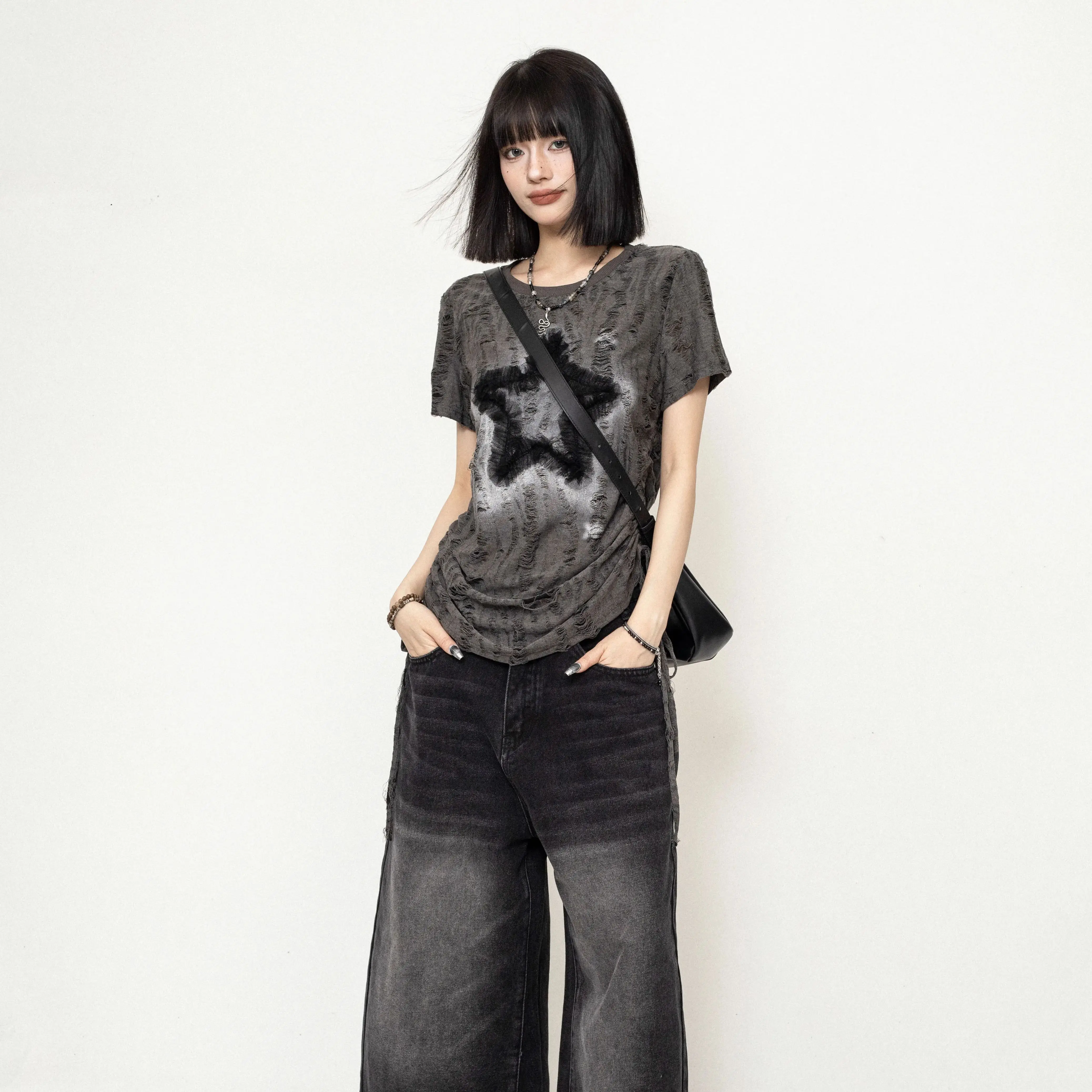 Damska koszulka z nadrukiem gwiazdy Subkultur Y2k Japońska gotycka koszulka z krótkim rękawem Grunge Pullover High School Punk Girls Tee Shirt