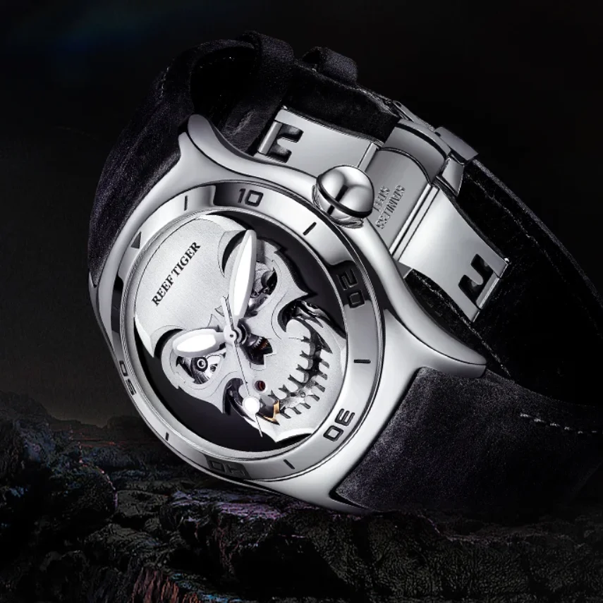 

Reef Tiger Men Automatic Watch 44mm Mechanical Wristwatch Luminous Bubble Sapphire Skeleton Skull Dial