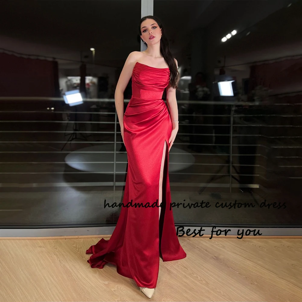 

Red Mermaid Prom Dresses with Slit Pleats Satin Strapless Evening Party Dress 2024 Elegant Formal Occasion Gown Lace Up Back