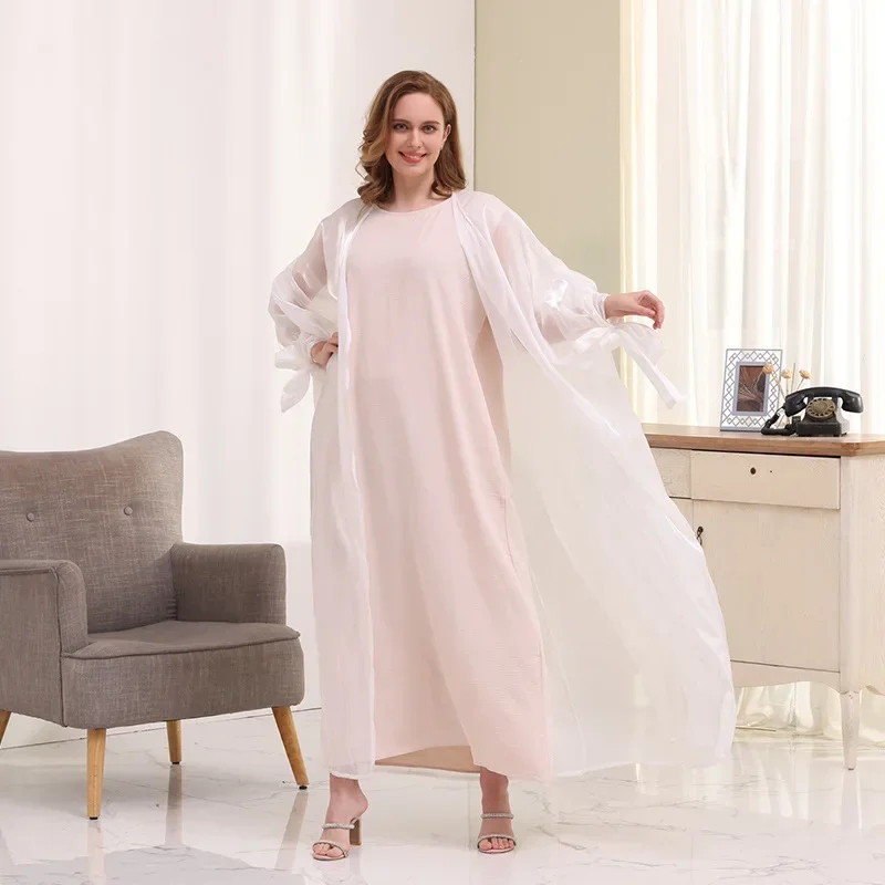 2024 moda muçulmano abaya kaftans feminino manga smocking rendas até casaco de oração roupas islâmicas dubai elegância saudita robe turco