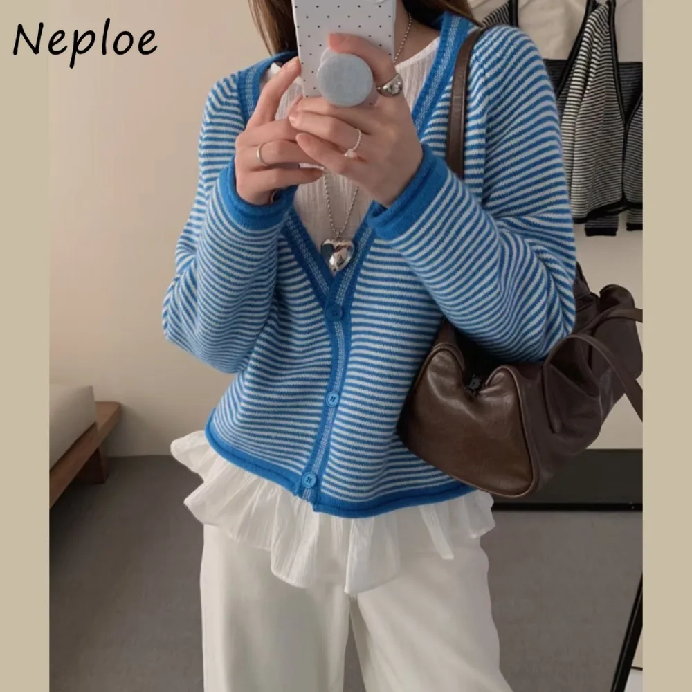 Neploe High-quality Classics Vintage Stripe Cardigan Early Spring Western Knit Loose Jumper All-match Warm Age Reduction Knitted