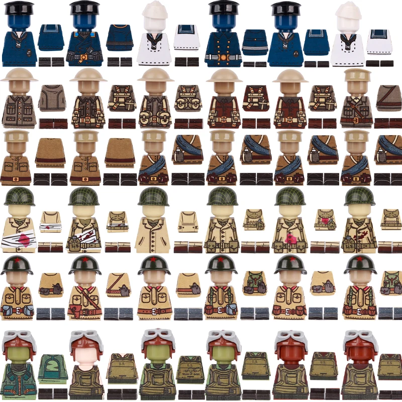 WW2 Military Soldier Printed Parts Building Block German British Soviet USA Army Figures Clothing Sticker Bricks Mini DIY Toys