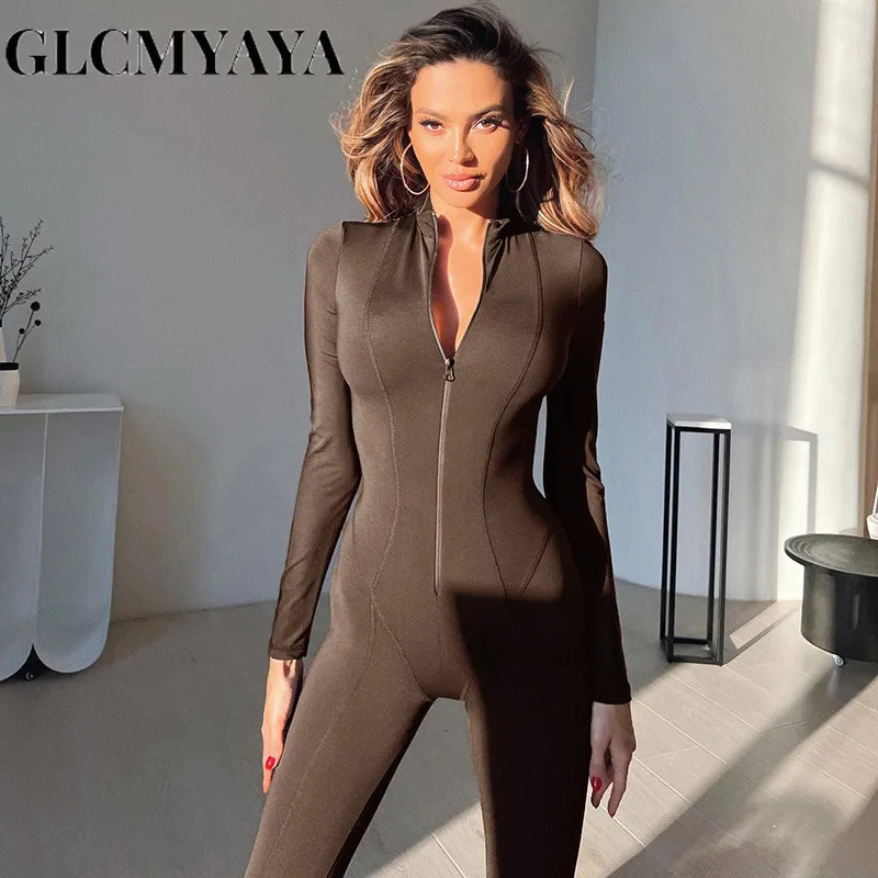 

GLCMYAYA Women Streetwear Zipper Long Sleeve O-Neck Slim Solid Spliced Romper 2023 Fashion Casual Basics Sporty INS Jumpsuits