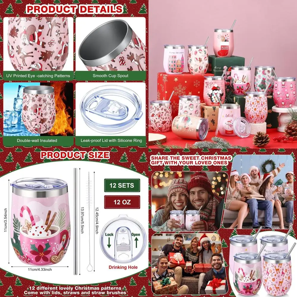 

Термокружка для вина из нержавеющей стали на 350 мл с трубочкой и щеткой – дизайн «Дед Мороз», праздничный подарок