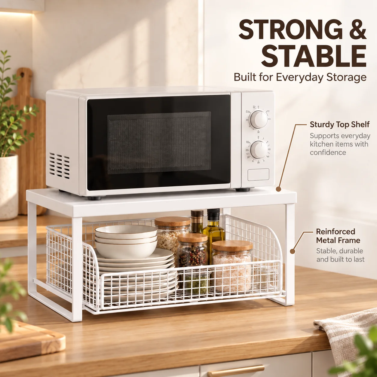 White Microwave Oven Rack, Sliding Metal Mesh Basket Drawer, Storage for Dishes, Condiments, and Cling Film, Suitable for Kitchen and Desktop Organization, Stable and Space-Saving
