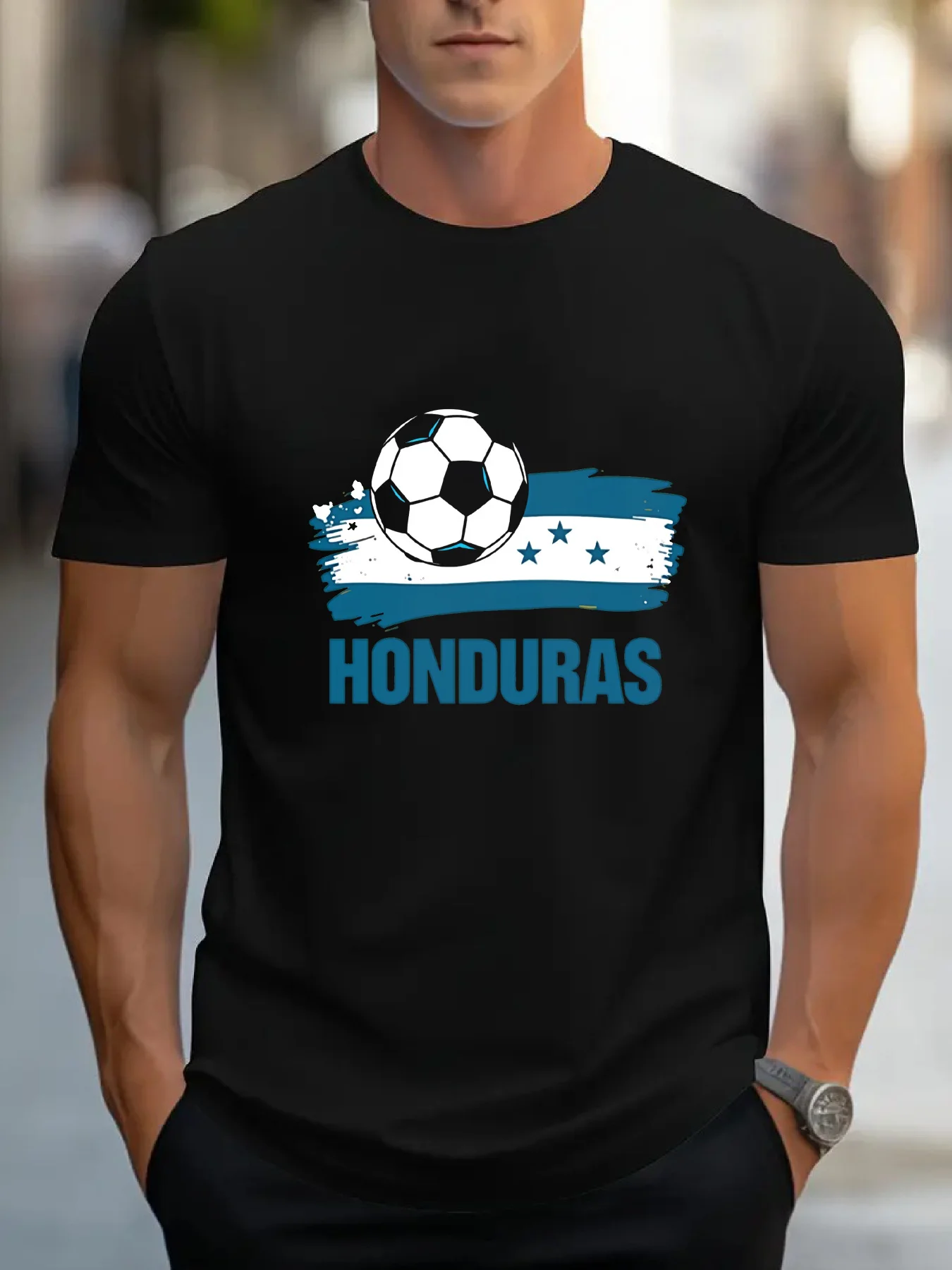 Men's Honduras Flag Football Print Crew Neck T-Shirt - Casual Short Sleeve Top, Sports and Everyday Wear Varsity Style T-Shirt, Men's Sports T-Shirt, Men's Printed Sports T-Shirt