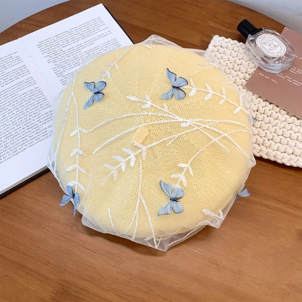 Fashionable Three-dimensional Butterfly Beret Mesh All-match Knitted Hat Embroidery Women's Beret Summer