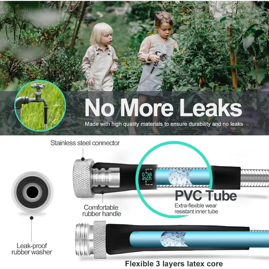 100フィート 304ステンレス鋼製ガーデンホース、頑丈な金属製ウォーターパイプ、ノズル付き、庭や屋外用、柔軟でねじれや絡まりなし、パンクしない