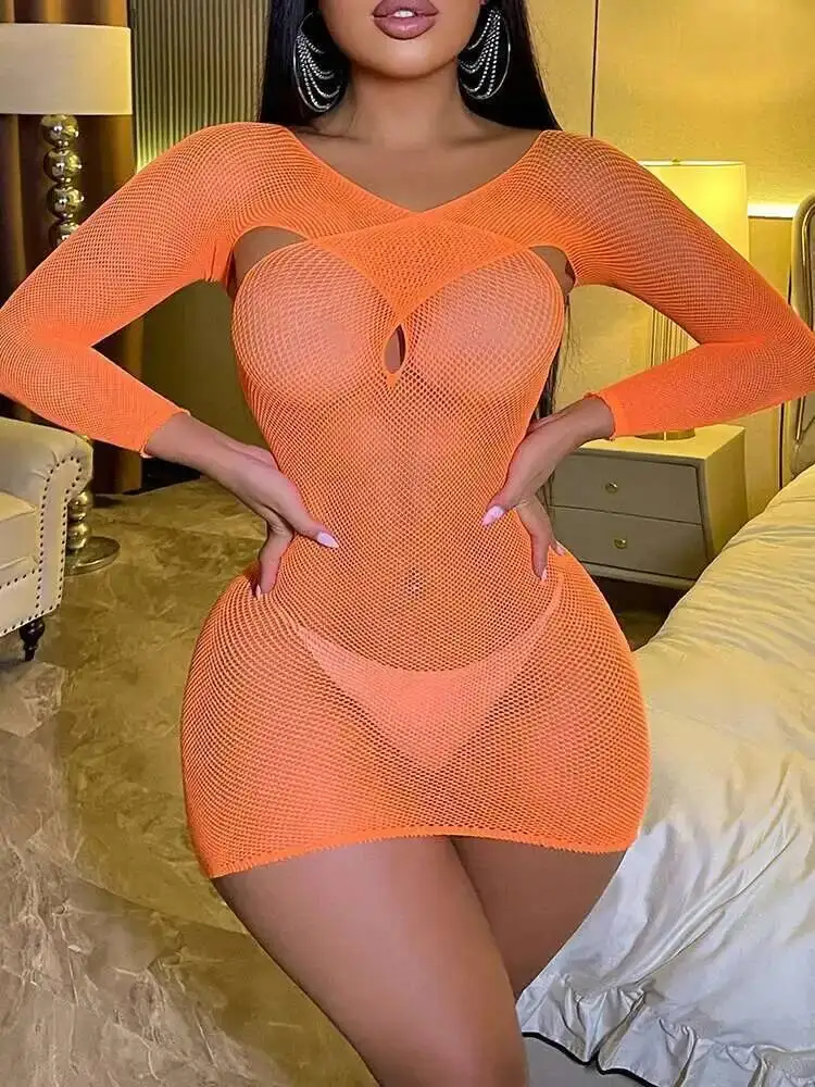 Kreuz Langarm, Figurbetontes Kleid, elegant, sexy, orange, rückenfrei, Nachtwäsche, enges Netzkleid, Netzspitze, durchsichtig, heißes sexy Top TQ6F