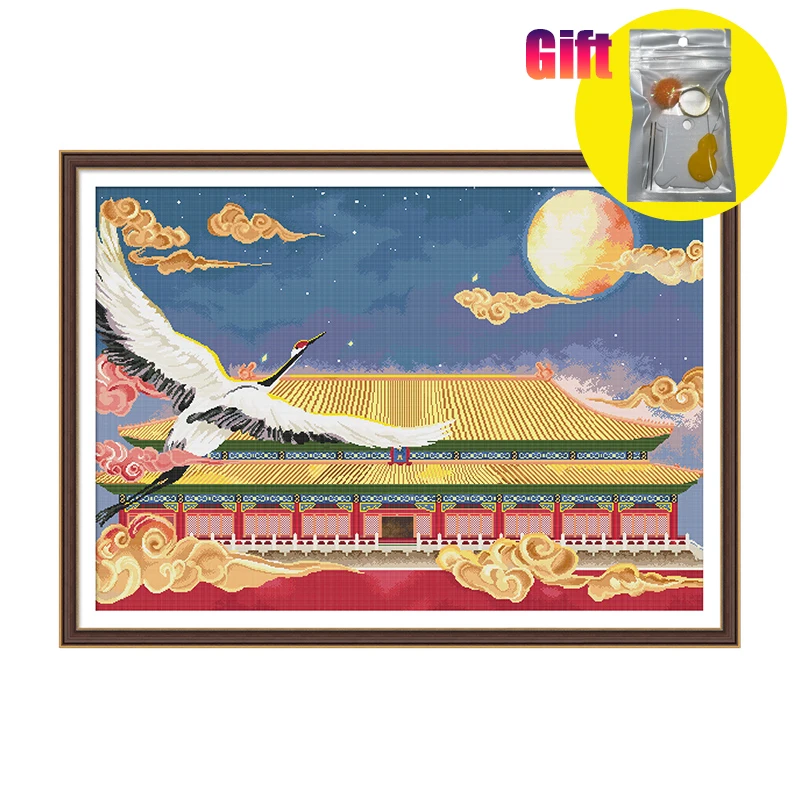 Chinese Style Forbidden City Crane Man Embroidery, Traditional Hand Printed Canvas, Cross Stitch Kit, New Year Decor Painting