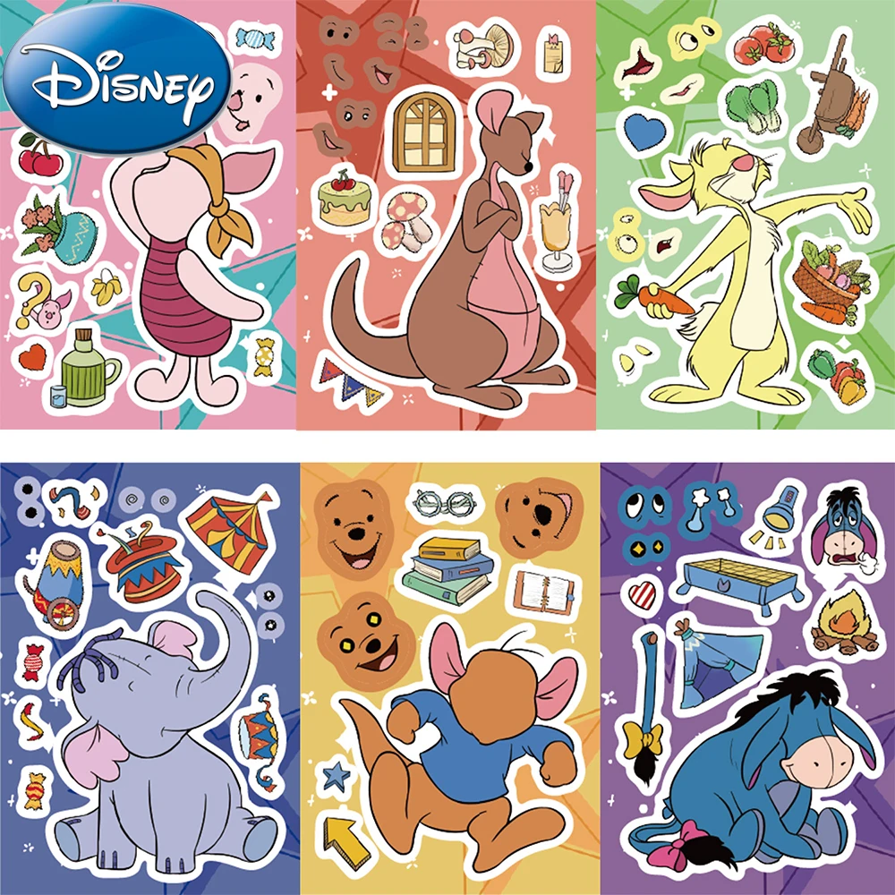 8/16sheets Disney Winnie the Pooh Piglet Tigger Puzzle Stickers Make a Face Cartoon Kids DIY Decals Assemble Jigsaw Toys Gifts