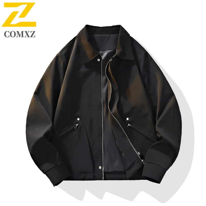 

COMXZ 2025 Mens Jacket Solid Color Minimalist Workwear Turndown Collar Windproof Jackets Autumn Trendy Streetwear Outerwear