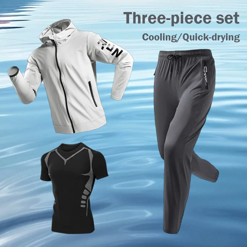 

Мужской комплект из трех предметов: одежда для бега, тренировочная одежда, быстросохнущая одежда, велосипедные лосины, весенне-летняя спортивная одежда для фитнеса