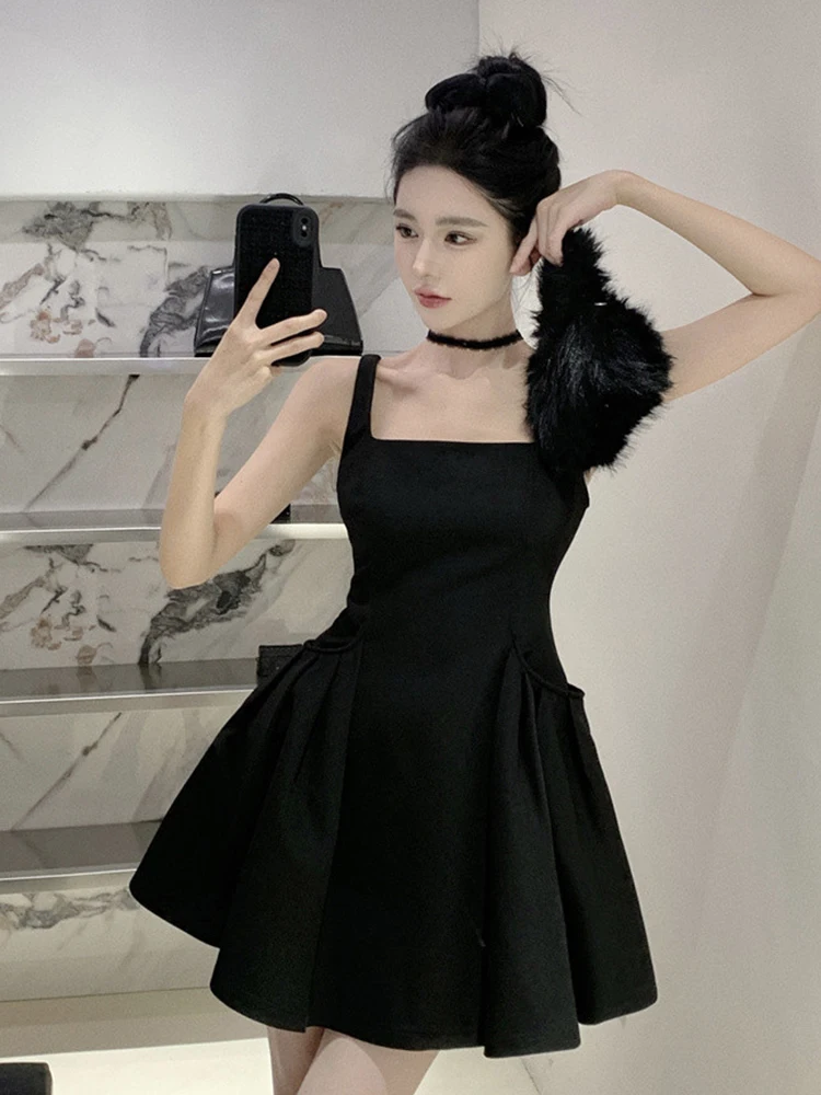 Frauen Kleidung Y2K Schwarz Sexy Strap Square Neck Schlank A-Line Mini Kurzes Kleid Elegante Dame Mode Abend Party Prom Vestidos Neue