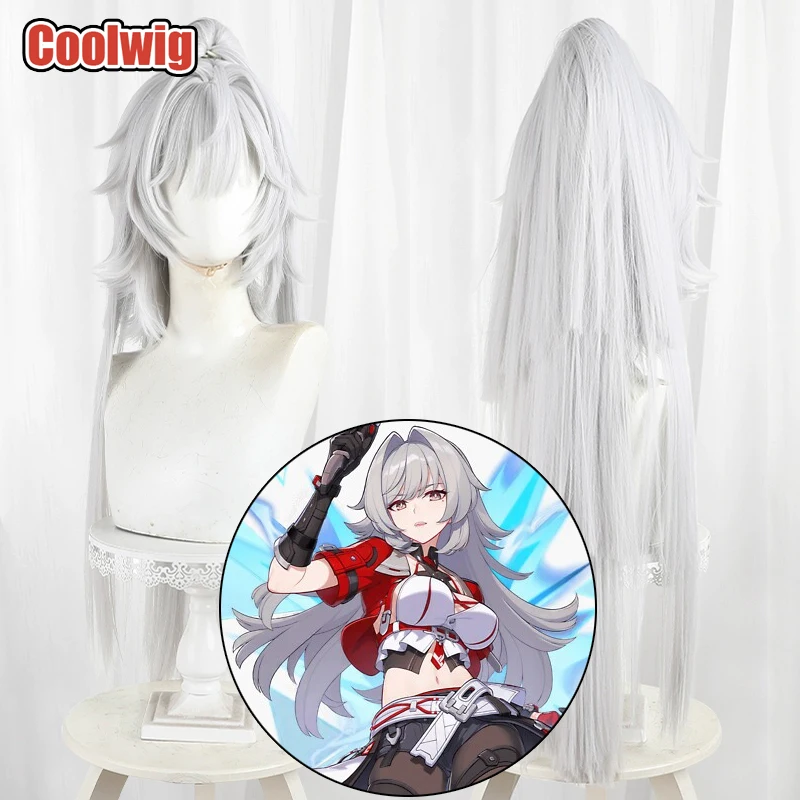 Coolwig Synthetic Hair Erdos Helia Cosplay Wigs Honkai Impact 3rd Erdos Helia 80cm Long Silver White Ponytail Wig Heat Resistant