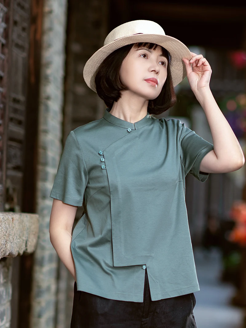 

Новая женская повседневная трикотажная футболка из смесового шелка и хлопка с воротником-стойкой и боковыми пуговицами в китайском стиле