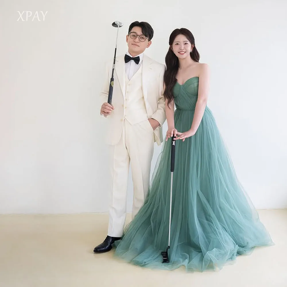 

XPAY Fairy Tulle Sweetheart Korea Evening Dress Dark Green Sleeveless Prom Party Gown Photo Shoot Formal Occasion Dress