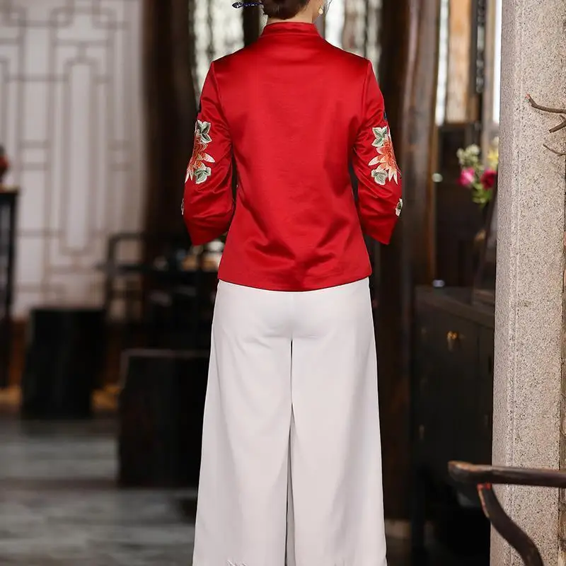 Peony Flower Embroidery Vintage Tang Suit Jacket Women Long Sleeve Single-breasted Loose Stand Collar Chinese Style Outerwear