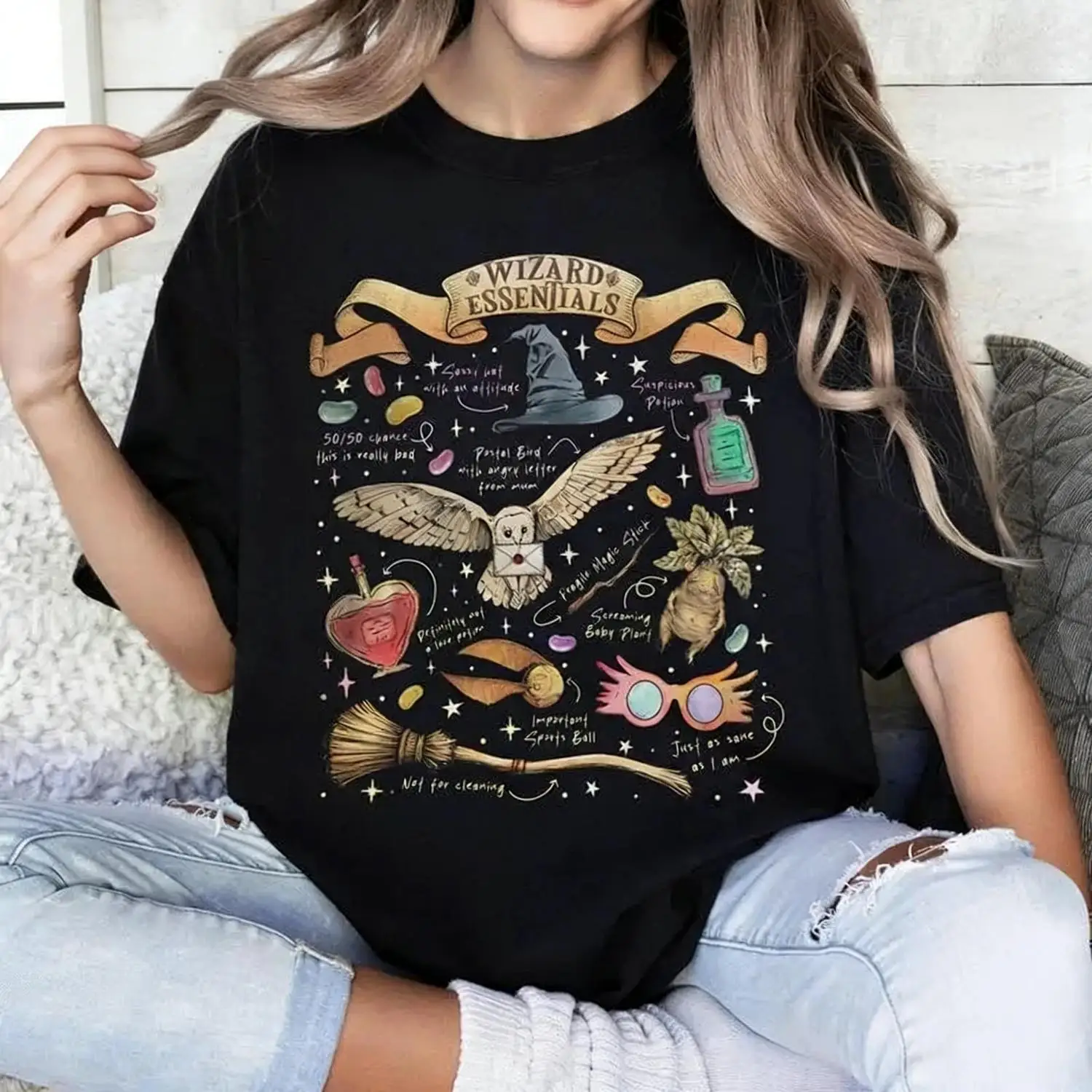 Wizard Essentials Cotton T-shirt for Fan Halloween Fall Season Tee Gift for Book Lover