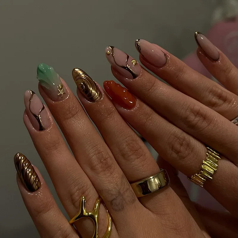 24枚入り ロングアーモンド型 つけ爪 ファッション貝殻パールネイルアート データチャブル シャイニーパウダーデザイン スティレット型フェイクネイルチップ