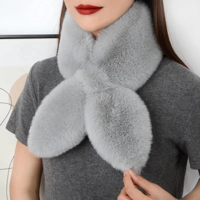 Fashion WomenWinter Thick Faux Rabbit  Fur Plush Scarf Outdoor Sports Neck Protection Cross Fake Collar Pullover Warm Scarve Q72