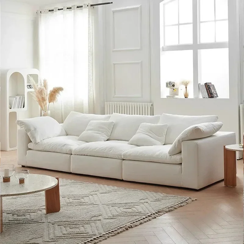 The product can be customized. Minimalist, cream white linen fabric, down cloud sofa combination