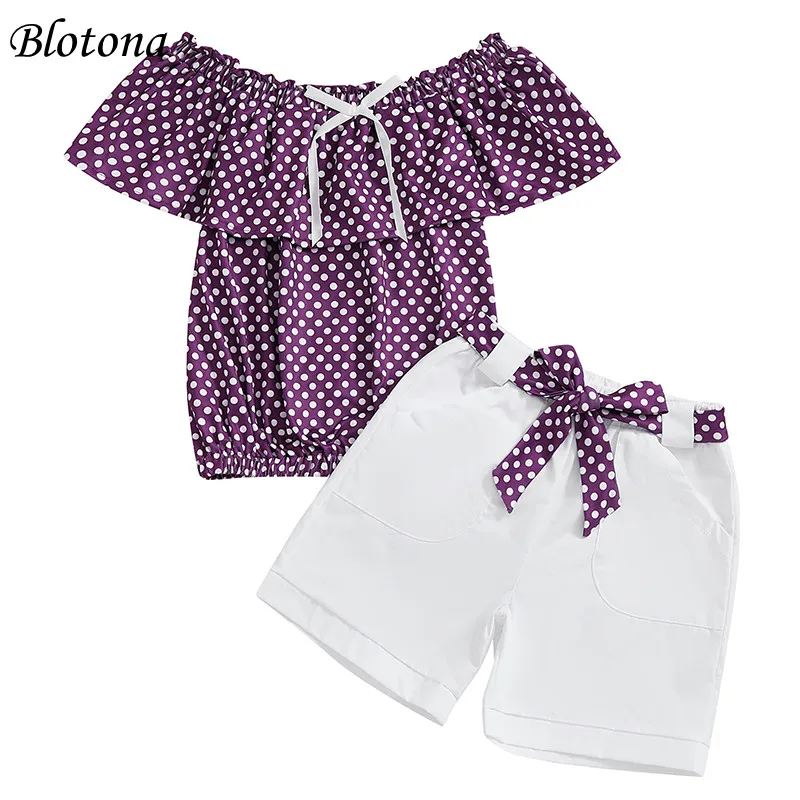 

Детский комплект шорт для девочек Blotona, футболка с короткими рукавами и открытыми плечами в горошек, шорты и пояс, летняя повседневная одежда