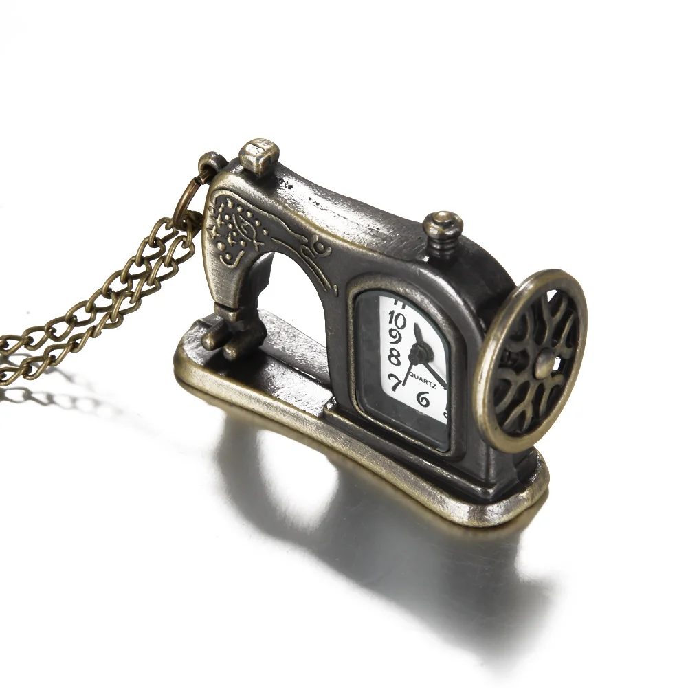Retro Antique Bronze Alloy Sewing Machine Design Pocket Watch With Necklace Chain Best Gift