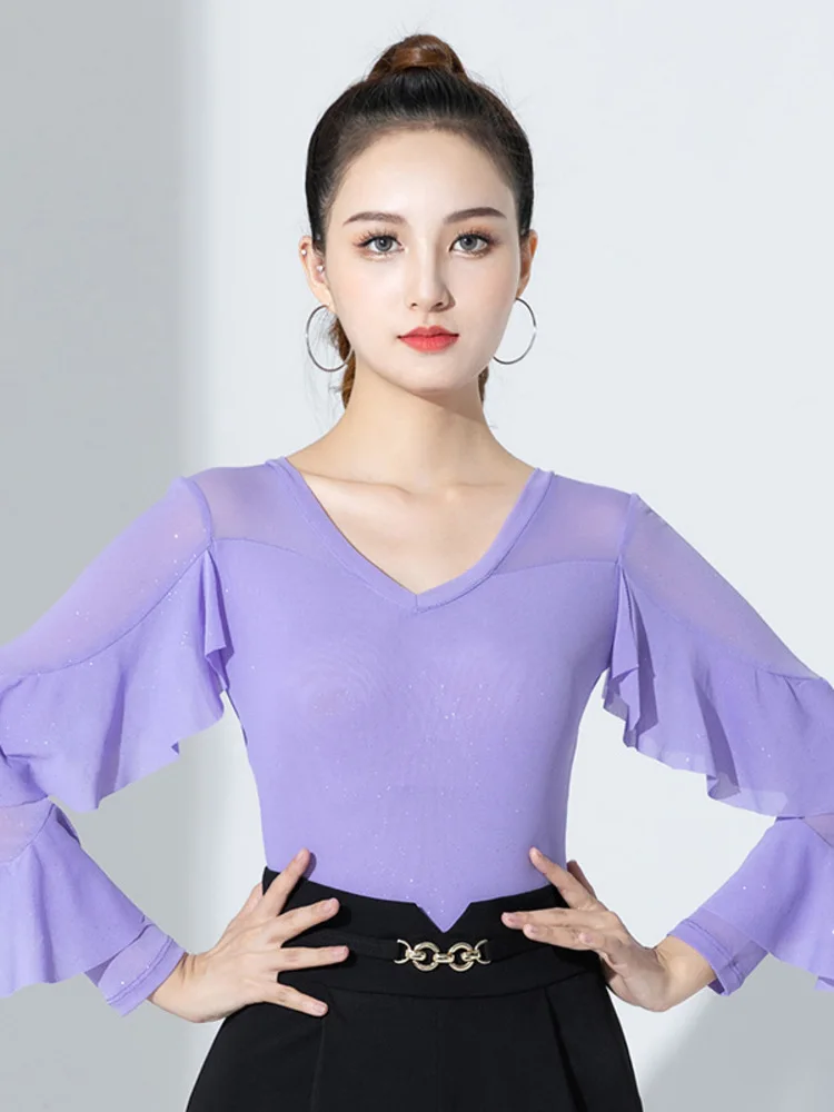 여성 라틴 댄스 탑 메쉬 프릴 긴 소매 장착 블라우스 살사 바차타 공연 의상 무대 경쟁 착용