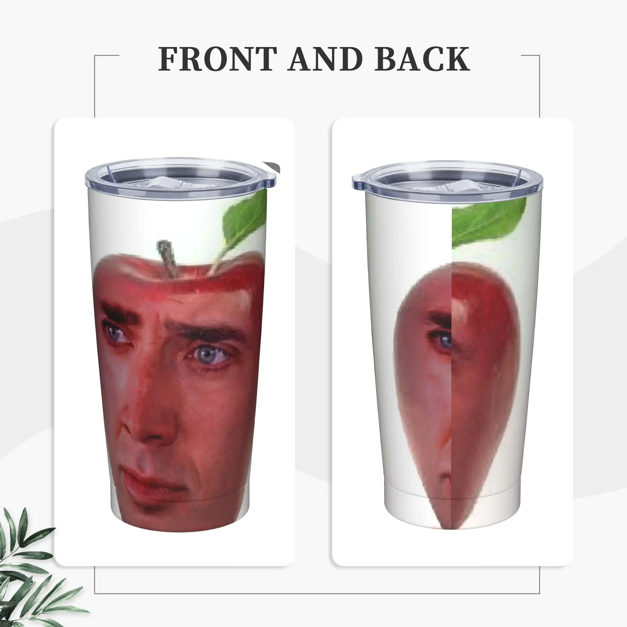Nicolas Cage Apple Tumbler Vacuum Insulated Cage Meme Face Printed Thermal Cup Stainless Steel School Mug Water Bottle, 20oz