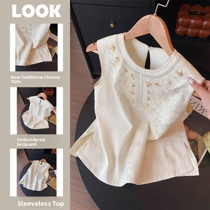 

Новая женская летняя майка в китайском стиле с вышивкой и цветочным узором, свободного кроя, из полиэстера, с круглым вырезом