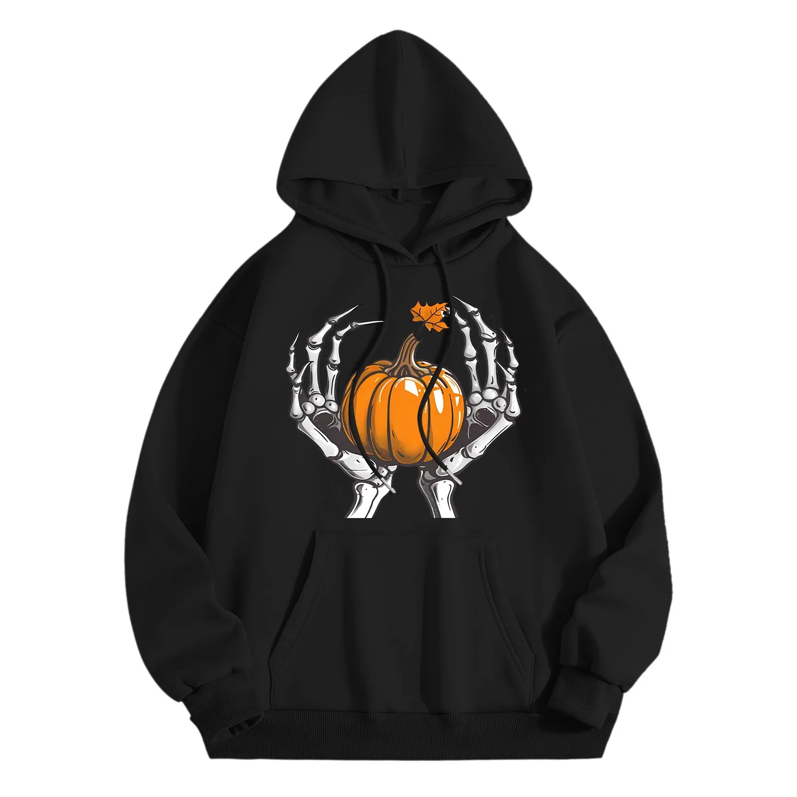 

Women's Halloween Printed Hoodie Black Sweatshirt Skeleton Holding Pumpkin In Hand Pattern Hoodies For Men Autumn Sweatshirts