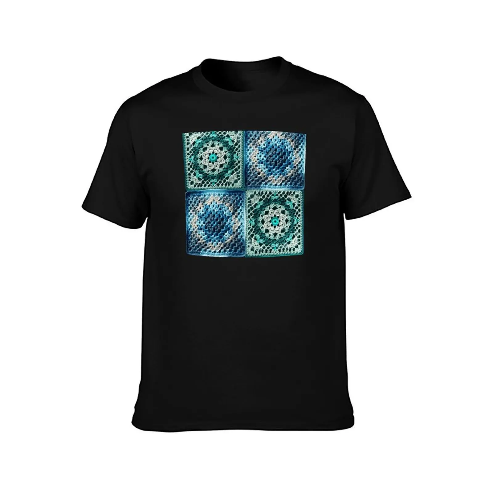 Blue and Green Vintage Granny Crochet Aesthetic Pattern T-Shirt Soft Anti-Shrink Cotton Tee