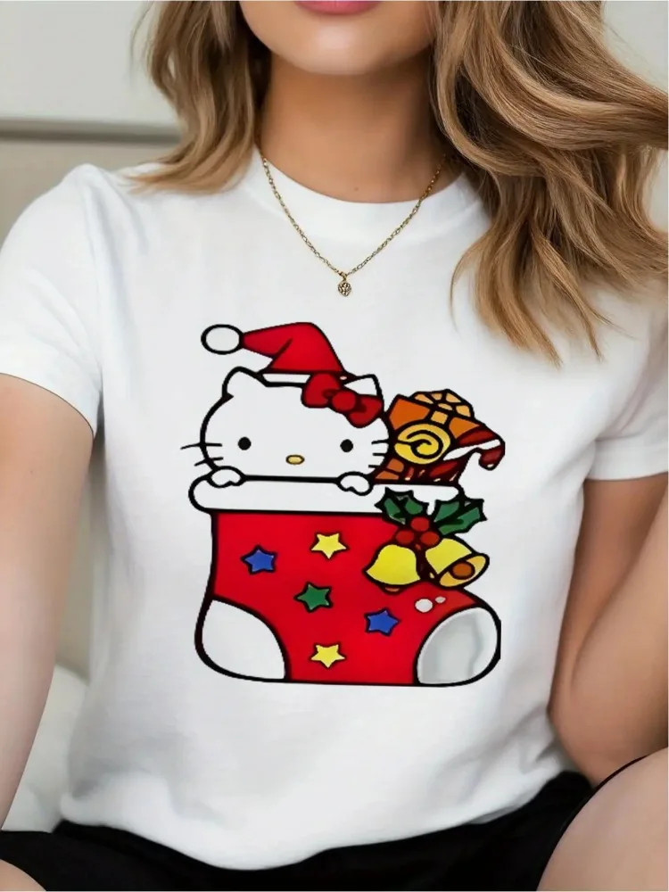 

Sanrio for Hello Kitty, женская рождественская футболка, милый праздничный дизайн с шапками Санта-Клауса и рисунками ярких трости, футболка Kawaii